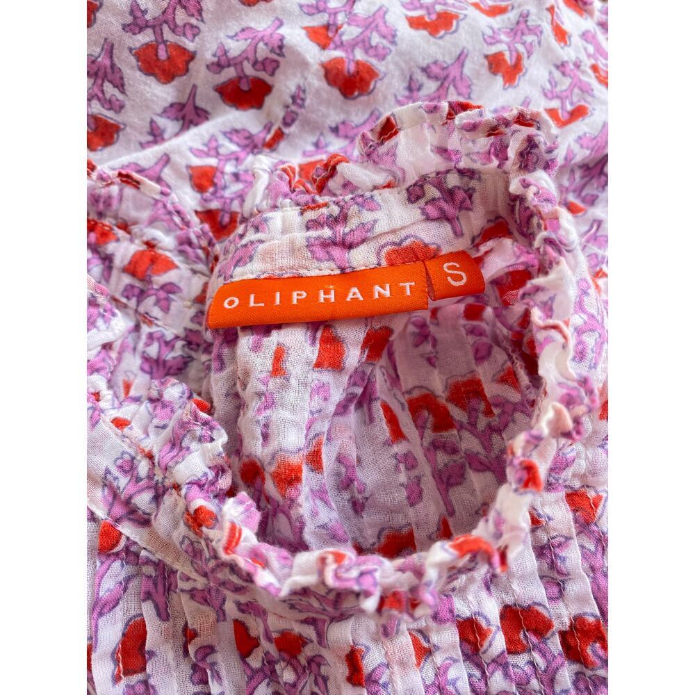 Oliphant Pintuck Ruffle Blouse Top Cotton Floral Pink Block Print Tuckernuck - Picture 6 of 7